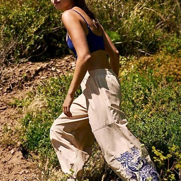 Free People Movement Baller Embroidery Pant Cotton Sheeting Tan Sand Blue - Picture 2 of 7